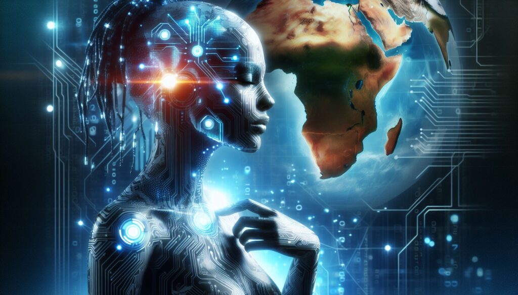 An African woman with the image of Africa in the background with a digital theme and circuitry.