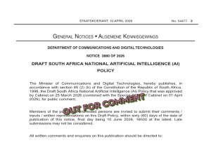 Draft South African National AI Policy 2026 - Out For Comment